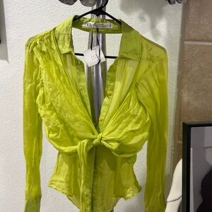 Zara Bright Green Sheer Blouse with Tie-Front